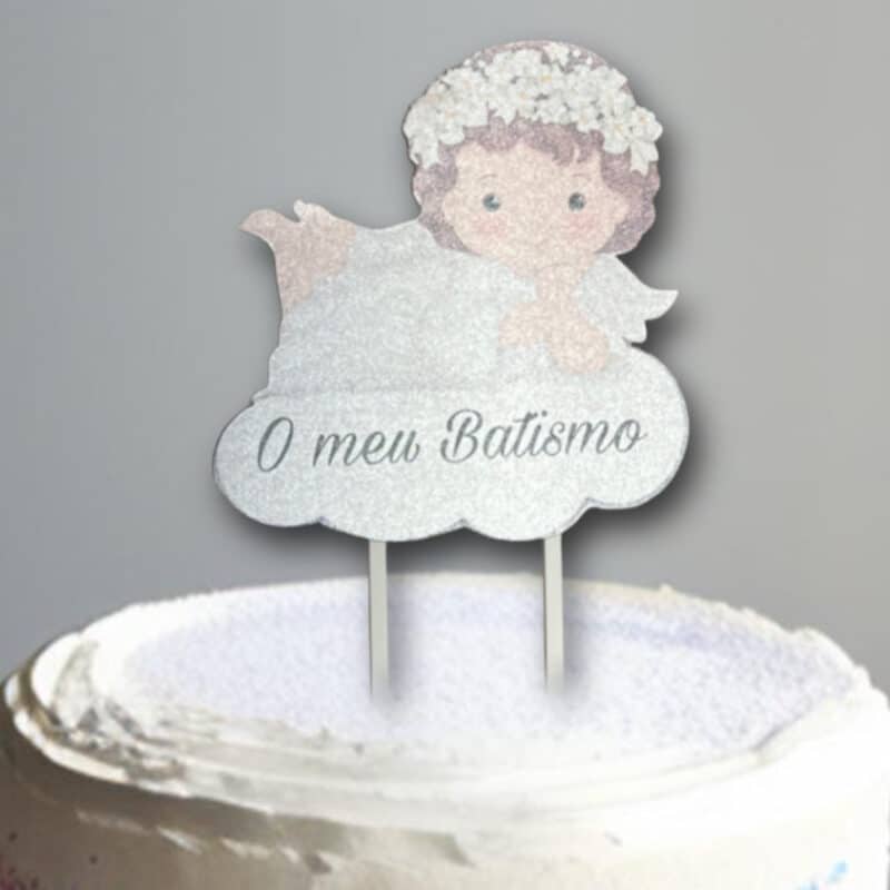 Topo de Bolo Anjo Batismo Personalizado de Papel
