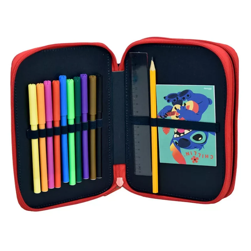 Estojo do Stitch Duplo com Material Escolar 27 Peças 18 cm