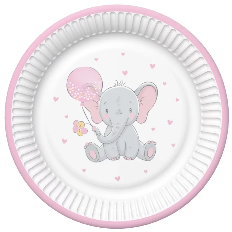 8 Pratos Elefante Baby Rosa em Papel com 18 cm