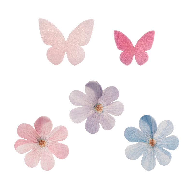 Decorações Comestíveis Borboletas e Flores Cores Pastel
