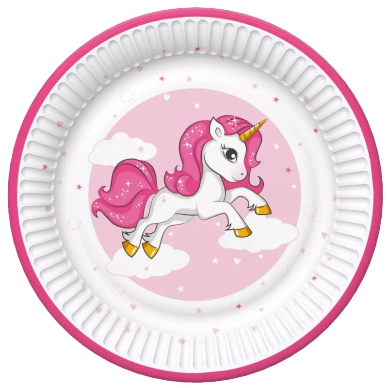 8 Pratos Unicórnio Rosa com 18 cm
