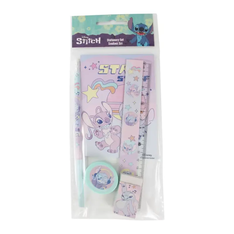 Conjunto Escolar Stitch e Angel Papelaria com 5 Peças