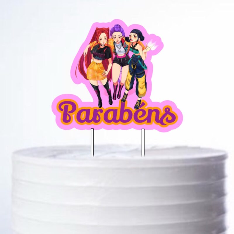 Topo de Bolo Huntrix Guerreiras K-Pop Personalizado de Papel