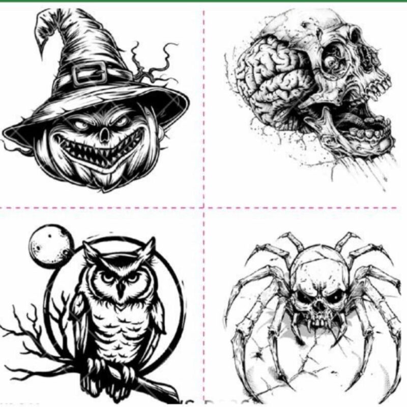 4 Tatuagens de Halloween Abóbora Aranha Mocho e Caveira